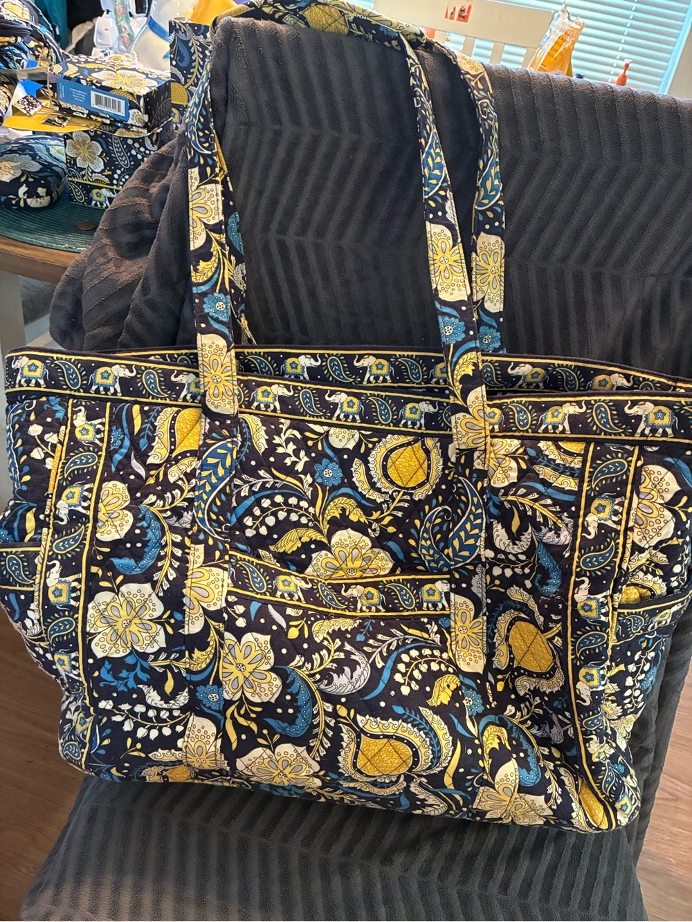 Retired Ellie Blue Vera Bradley Quilted Floral Paisley Tote Bag in Navy, Yellow